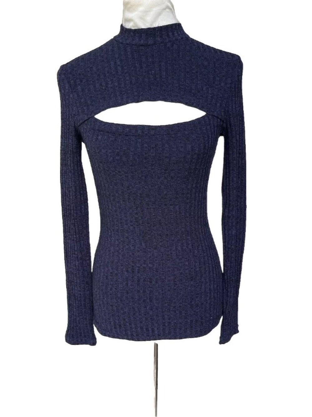 Nasty Gal Women's Knit Navy Cut Out Long Sleeve Mock Neck Top Tee T-Shirt Size S